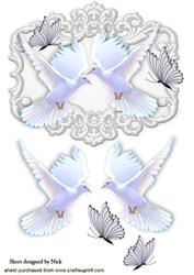 White Doves with Butterflies in Ornate Frame