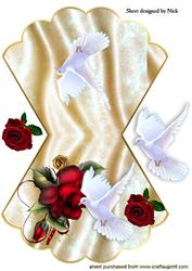 Red Roses with White Dove on Gold Satin Rocker Card