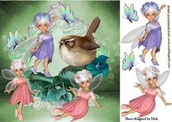 Playful Faeries with Bird and Butterflies 8x8