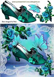 Antique Jade Shoe with Roses and Butterflies 8x8