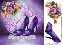 Purple Sparkle Shoes with Roses and Butterflies 8x8