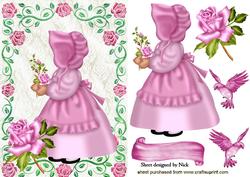 Little Bonnet Girl in Pink Rose Frame with Little Birds