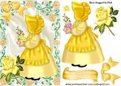 Sunshine Bonnet Girl in Frame of Gold Roses