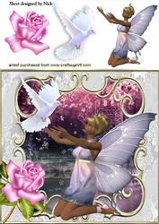 Beautiful Faerie with White Dove and Pink Rose 8x8