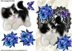 Cute Kitty with Flowers and Butterfly on Lace Heart