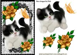Cute Kitty with Gold Roses and Lace Frame