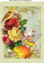 Pretty Faerie in Yellow with Birds and Music A4