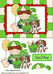 Birthday Boy with His Goodies and Puppy in Green Frame