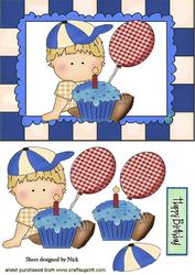 Birthday Boy with His Cake and Balloon in Blue Frame