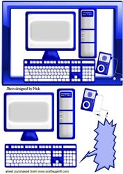 Boys Toys! Computer and Key Board in Blue Glass Frame