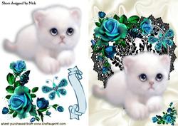 Little White Kitty on Black Lace Heart with Blue Roses