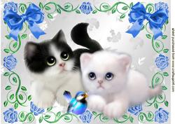 Cute Little Kitties in Rose Frame with Little Bird A4