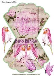 Pink Love Birds, on Music Sheet with Pink Roses Rocker Card