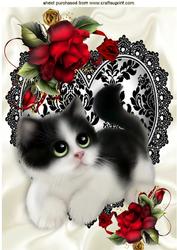 Cute Kitten on Lace Heart with Red Roses A4