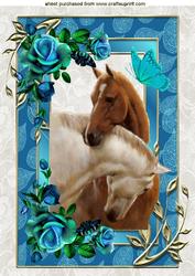 Horses Heads Entwined with Blue Roses and Butterfly A4