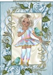Little Faerie with Blue Bird in Blue Rose Frame A4