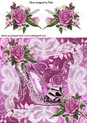 Pink Sparkly Shoe with Roses on Lace 8x8
