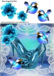 Blue Sparkle Shoes with Little Birds and Flowers 8x8