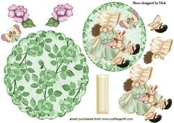 Little Bonnet Girl in Green with Pink Roses Rocker Card