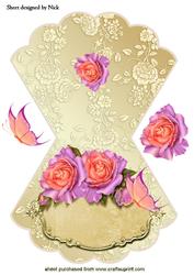 Pink Roses on a Gold Plaque with Butterflies Rocker Card