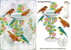 Bird Bath with Little Birds and Flowers