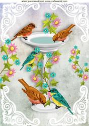 Bird Bath with Little Birds and Flowers A4