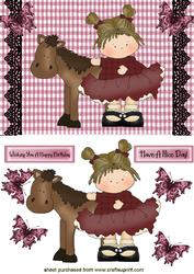Cute Girl with Horse on Pink Check Background with Butterflies