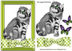 Cute Kitty in Green Gingham Frame with Bow