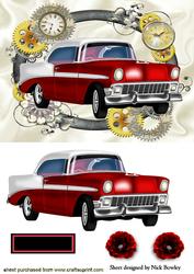 Red Vintage Car in Clock Steampunk Frame