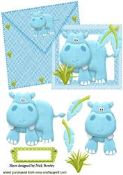Cute Little Blue Hippo on Card and Envelope