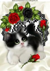 Kitty with Red Roses on Black Lace Heart A4