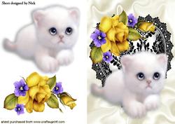 Little White Kitty on Lace Heart and Yellow Roses