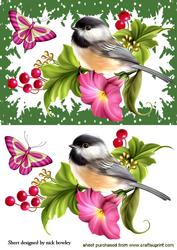 Pretty Bird on Branch of Flowers