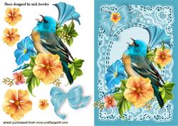 Bird with Flowers on Vintage Blue Lace