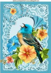 Bird with Flowers on Vintage Blue Lace A4
