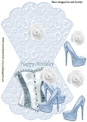 Satin Blue/white Basque with White Roses on Rocker Card