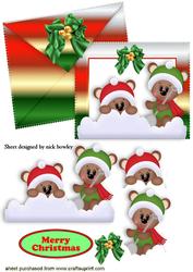 Christmas Teddies Playing in Snow on Card & Envelope
