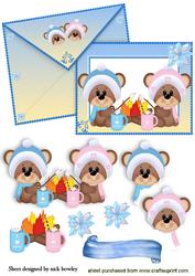 Little Teddies Keeping Warm on Card and Envelope