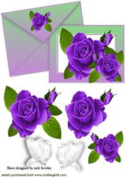 Purple Roses & White Doves on a Card & Envelope