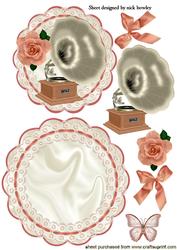Vintage Gramophone with Peach Roses on Lace Rocker