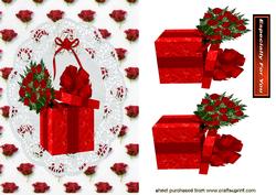 Lovely Red Roses and Present on Lace Background