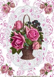 Beautiful Basket of Roses on Lace with Pearls, A4 Topper