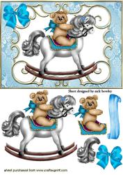 Teddy on Rocking Horse with Blue Bow