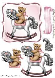 Cute Little Teddy on a Pink Rocking Horse
