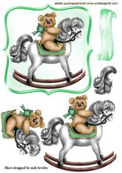 Cute Little Teddy on a Green Rocking Horse