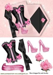 Pink/black Basque with Shoe and Rose on Card & Envelope