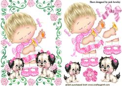 Sweet Little Girl in Frame of Roses with Puppies