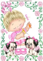 Sweet Little Girl in Frame of Roses & Puppies A4