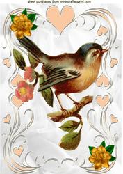 Little Bird on a Branch with Flowers A4