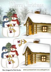Snowman Family Singing with Cottage